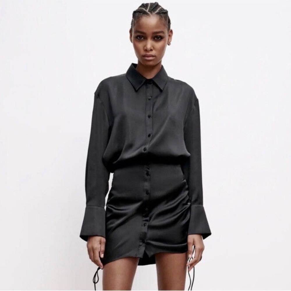 BRAND NEW - Zara Black Draped Ruched Satin Effect Short Shirt Dress - Small - Picture 3 of 11